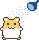 Two pixelated hamster characters in white tubs spray blue water droplets from dark blue watering cans against a gray background.