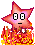 Pixelated star-shaped character with wide eyes and a flat mouth, engulfed in flames against gray background; red text "OUCH!" appears above right side.