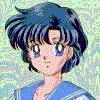 A character with short blue hair and blue eyes wears a blue sailor-style collar over a white top against a light green patterned background.