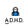 Animated contact sheet of a pixelated blue character with white face performing various poses and actions above the text 'ADHD.' across multiple frames.