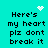 Cyan background with black pixelated text reading 'Here's my heart plz dont break it' and two white pixel art animations: a static heart above the top-left text block, and a rotating starburst below the middle-left text block.