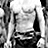 Black-and-white image of a muscular shirtless man with dark pants on left, bright green background with blue text "haha" repeated five times and "i really wish" repeated six times.
