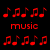 Pixelated musical notes in six color variations arranged in a with 'music' text beneath each , showing animation changes in note brightness and color saturation