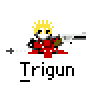 Animated pixel art contact sheet showing a character firing a pistol across five frames with visible muzzle flash and bullet effects, labeled "Trigun" beneath each frame on gray background.