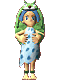 Pixelated character with blue hair and green headpiece wears light blue spotted dress, standing against gray background with two distinct hand positions.