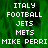 Green background with white pixelated text listing 'ITALY', 'FOOTBALL', 'JETS', 'METS', and 'MIKE PERRI' in two vertical , one partially obscured by a gray rectangle
