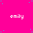 A static image with a bright pink background featuring scattered cyan dots and repeated white text reading 'emily' in pixelated font.