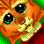 Pixelated close-up of a cartoon cat face with large black eyes, orange fur, and green background elements.