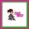 Pixel art character with brown hair in a bun, green eyes, and dark clothing with pink accents sits beside text reading 'Punk Loser' in varying colors.