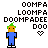 Pixel art character with green hair and blue outfit stands on white background, text above reads 'OOMPA LOOMPA DOOMPADDEE DOO' with heart symbol below.