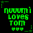 Green pixelated text 'nuuun loves tom' with three hearts below, framed by green star-cornered borders on black background.