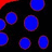 Blue circular dots on black background with red top-left corner, gray bottom-right corner, and partial blue dot visible in bottom-left corner.