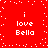 Red background with white pixelated text 'i love Bella' repeated four times, animated sparkles move vertically through the center.