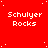 Red background with white pixelated text 'Schulyer Rocks' repeated in a pattern, scattered white dots, and a solid gray rectangle in the bottom-right corner