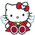 Hello Kitty character in red dress with angel wings, bow on head, and yellow nose; three variations show different poses and clothing details.