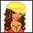 Pixel art contact sheet showing a female character with long brown hair and yellow headwear on the top-left, with pink text "I LIVE TO DANCE" across two yellow panels on the right and bottom left of the grid.