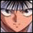 Pixelated anime-style face with silver hair and glasses on left, black background with white text on right.