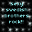 Pixelated text 'sexy swedish brothers rock!!' repeated in two on a black background with white speckles