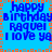 Blue background with orange and gray border, displaying repeated text 'happy birthday Raquel I love ya' in blue pixelated font.