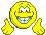 A 4-frame animated contact sheet showing a yellow cartoon smiley face with blue eyes and silver teeth performing different hand gestures across frames.