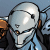 Pixelated character with silver helmet, black eye slit, and brown earpieces against blue background.