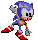 Pixelated blue hedgehog with red shoes and white gloves in two running poses against gray background.