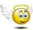 Yellow circular face with blue eyes, white wings, and golden halo; expression shifts from smiling to neutral across frames.