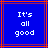 Blue background with red and purple lines, white pixelated text reading "It's all good" in three lines