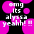 Black background with bright pink circular shapes and white pixelated text reading "omg its alyssa yeahh! !!" in a repeating pattern.