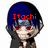 Pixelated character with blue hair and red eyes, wearing a dark jacket over a light shirt, two versions display different text above the head.