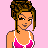 Pixel art buddy icon featuring a woman in pink bikini with brown hair, standing on pink blocks against light pink background, text "babes in bikinis" below right side.