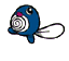 Blue cartoon character with pink nose and white spiral on chest, shown in four poses: left-facing with wing extended, front-facing, full-body standing, partial side view.