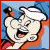 Pixelated cartoon character with wide open mouth and raised hand against blue background, next to black text on white background.