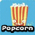 Pixelated image of a striped popcorn container with white foam top and two circular eyes, set against a light blue background with text below.