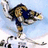 Pixelated image of a person in mid-air performing a trick on skis against a snowy background, with yellow text 'yeah' and 'psh' on blue