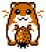Pixel art hamster with brown and white fur in multiple poses holding food or bowls, arranged on gray background.