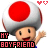 Pixelated character with red-and-white mushroom cap, raised arm, and 'MY BOYFRIEND' text below; two heart symbols above head.