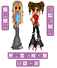 Pixel art of two female characters labeled 'SARA' and 'ELENA' with 'FRIENDS' text below, showing clothing and pose variations.