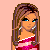 Pixelated character with long brown hair and blue eyes in a pink off-shoulder top, alongside text on magenta background.