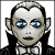 Pixelated vampire character with pale skin, blue eyes, and black hair styled in a heart shape, wearing a black cape over a white shirt and bow tie.