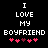 Pixelated text "I LOVE MY BOYFRIEND" in white on black background with five pink hearts below, two variations of heart color sequence.