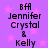 Pixelated text on a purple background with pink stars, showing "BFF Jennifer Crystal & Kelly" in two vertical with slight variations in text clarity