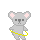 Pixelated gray koala with pink ears and black eyes, wearing a yellow hula hoop, shown in three poses with varying arm positions and hula hoop placement.