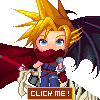 Pixel art character with spiky blonde hair, blue eyes, red scarf covering lower face, dark wings, and a maroon cape holding a sword-like object.
