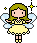 Pixel art fairy character with yellow dress and blue wings in two animation frames showing slight pose differences against gray background.