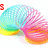 A colorful spring toy with a rainbow gradient appears in six , each showing different text overlays on the left side