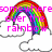 Pixelated rainbow arch over white cloud with pink text reading 'somewhere over the rainbow' on white background.