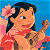 Pixelated character with dark hair and pink flower in hair, wearing red garment, holding brown object against blue background.