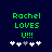 Green pixelated text 'Rachel LOVES U!!!' on dark blue background with white and gray heart symbols below.