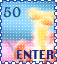 Animated stamp-like icon with mushroom cloud, '50' text, 'ENTER' text, and a clicking hand cursor changing position across frames.